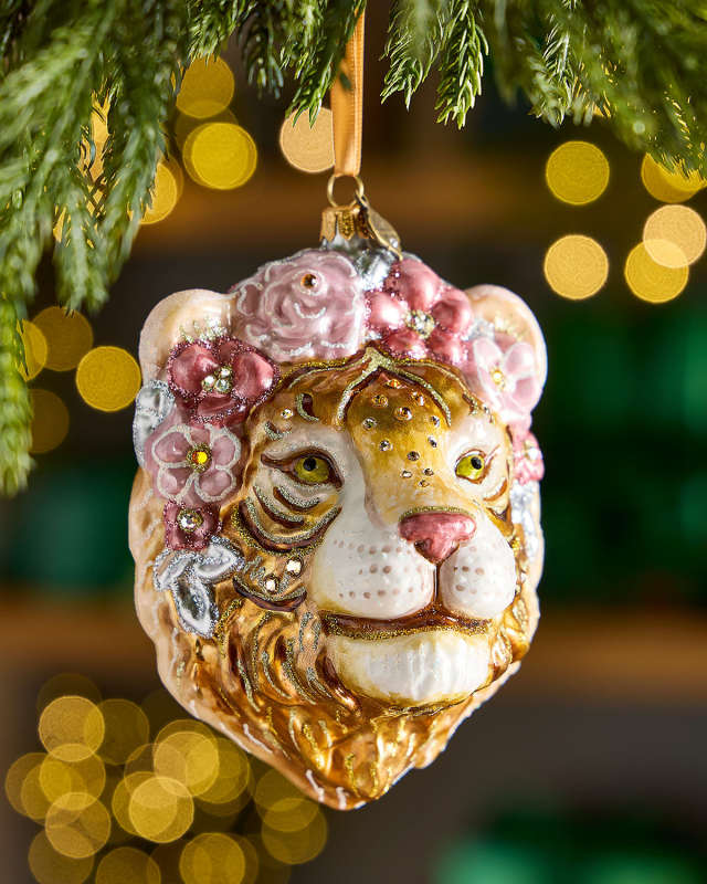 Metallic Tiger with Flower Crown Christmas Ornament